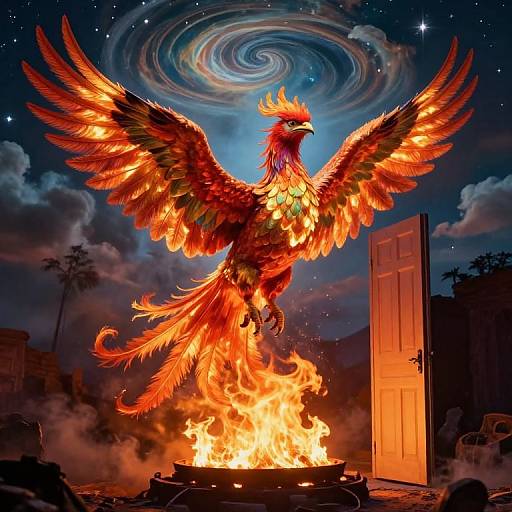 Digital artwork of a vibrant, fiery phoenix with outstretched wings, standing in a blazing fire, against a swirling, starry night sky and an