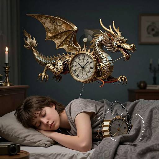 Photograph of a young woman sleeping on a bed with a clock-dragon hybrid hovering above, in a dimly lit room.