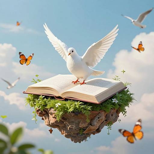 Digital artwork of a white dove with outstretched wings standing on a floating grassy rock with an open book, surrounded by flying orange butterflies against a