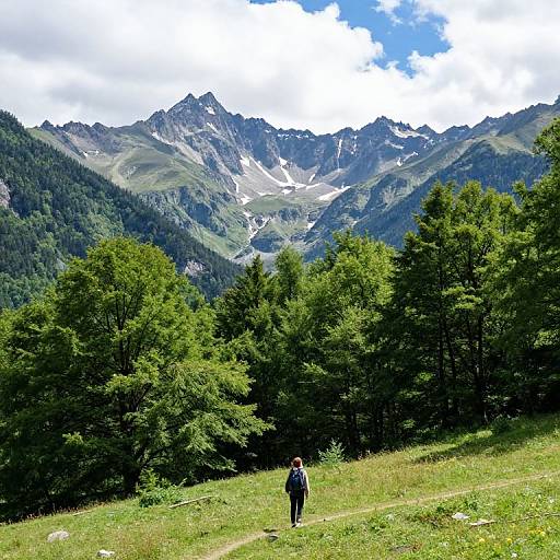 Photograph of a lone hiker in a grassy meadow, with dense green trees in the foreground and snow-capped mountains in the background under