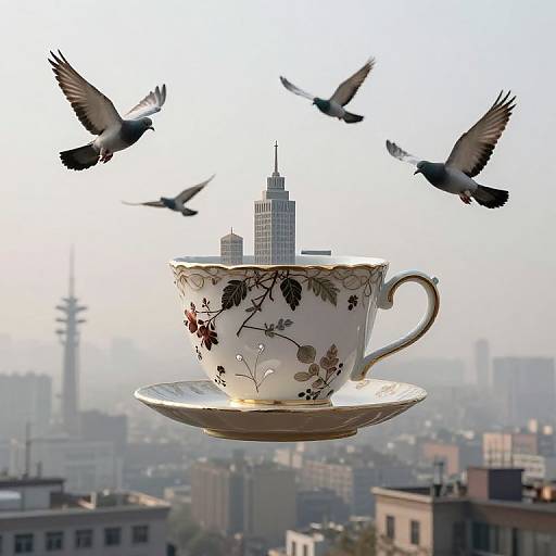 Photograph of a floral-patterned teacup with birds flying around it, set against a cityscape with a prominent skyscraper in the background.