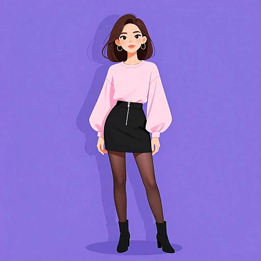 Digital anime-style drawing of a young woman with brown hair, wearing a white blouse, black skirt, black tights, and black ankle boots, against