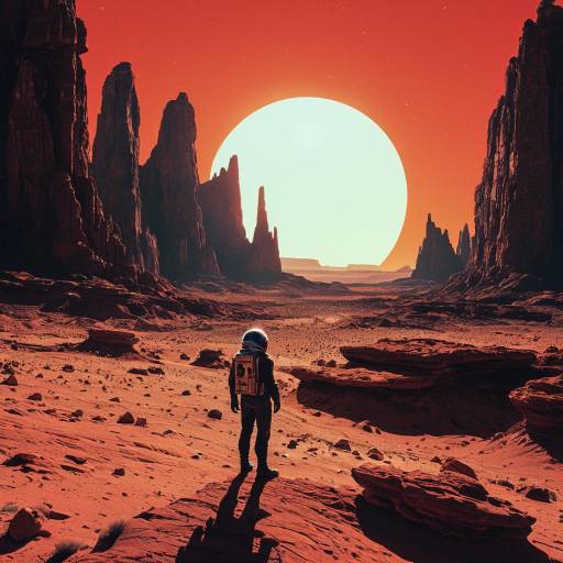 Astronaut on Alien Moon at Twin Suns Sunset Astronaut on Alien Moon at Twin Suns Sunset