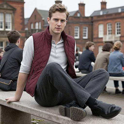 Photograph of a young white man with brown hair, wearing a white shirt and maroon vest, sitting on a stone bench in an urban plaza with