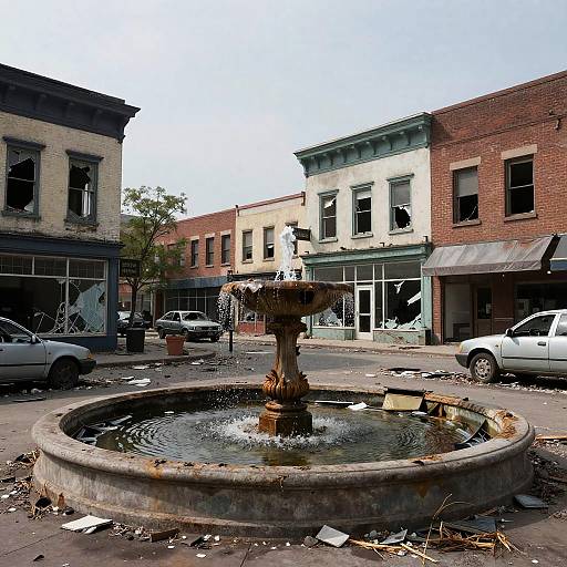 Photograph of a neglected urban street with a rusted, central fountain, surrounded by abandoned, boarded-up brick buildings and scattered debris.