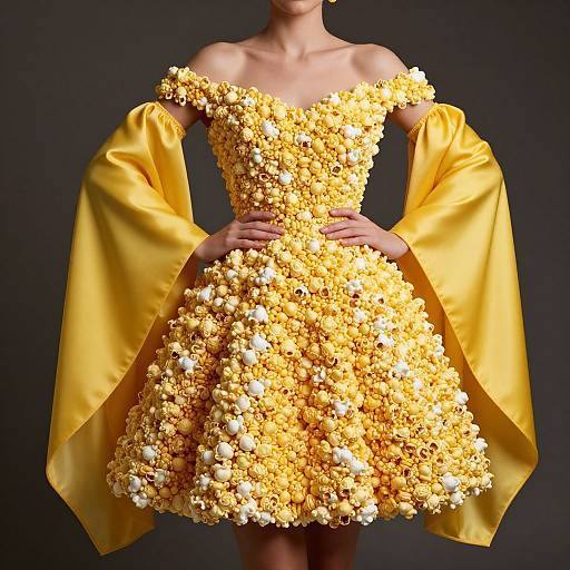 Photograph of a woman in an off-shoulder, yellow floral dress with satin sleeves, standing against a dark background. The dress is heavily textured