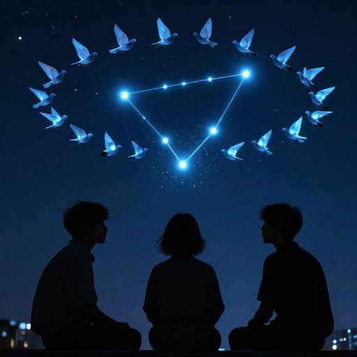 Silhouetted trio sits below a night sky, surrounded by glowing blue birds forming a constellation triangle, against a dark blue horizon. Photograph.