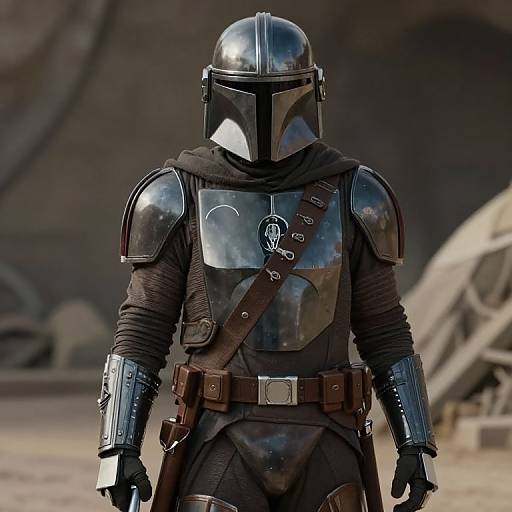 Photograph of a Mandalorian warrior in black armor with a shiny helmet, chest plate, brown cloak, and belt, standing in a desert-like,