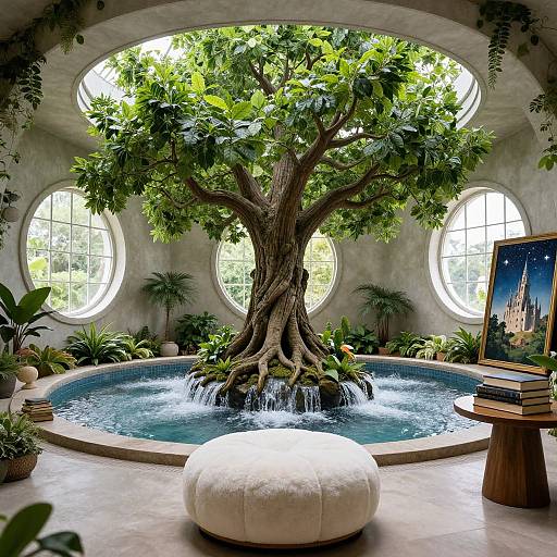 Photograph of a serene indoor garden with a large, leafy tree over a small, circular water fountain. Three circular windows illuminate lush greenery.