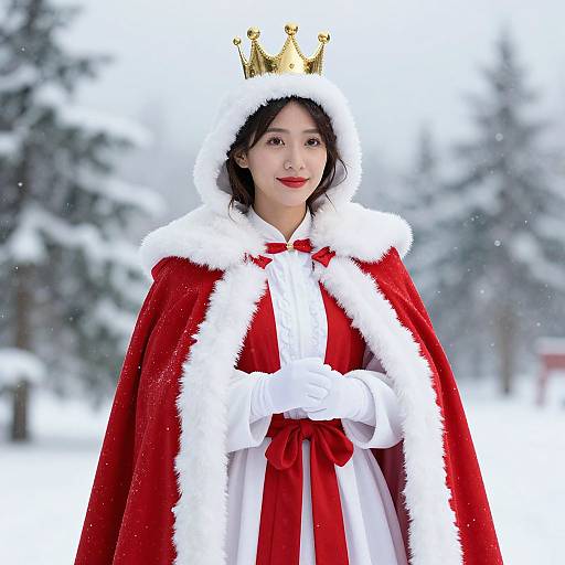 Photograph of an Asian woman in a red and white fur-trimmed royal cloak, gold crown, white gloves, standing in a snowy forest.