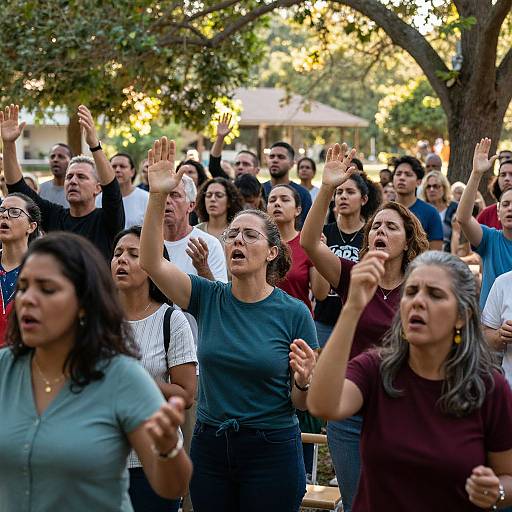 Photograph of a diverse crowd of men and women outdoors, raising hands and singing passionately with focused expressions, surrounded by trees and sunlight.