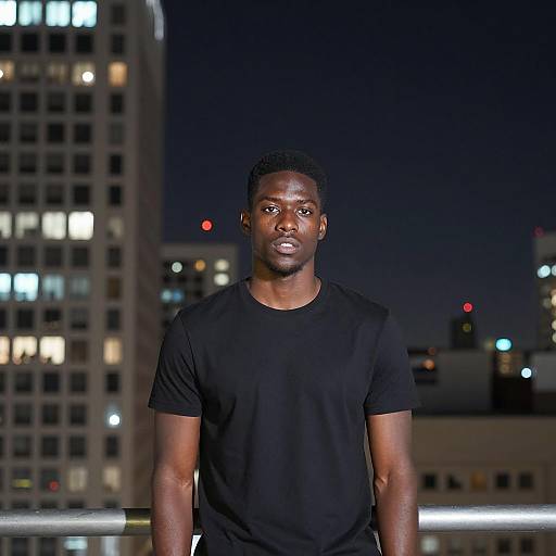 Young Man Wearing Black T-Shirt at Night in City