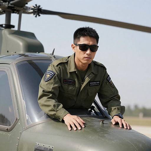 Military Man Leaning on Helicopter Cockpit