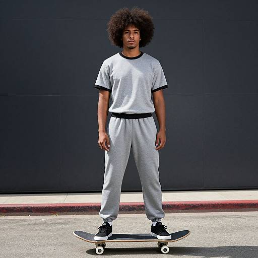 Photograph of a young Black man with an afro, wearing a gray t-shirt and pants, standing on a skateboard against a dark wall.