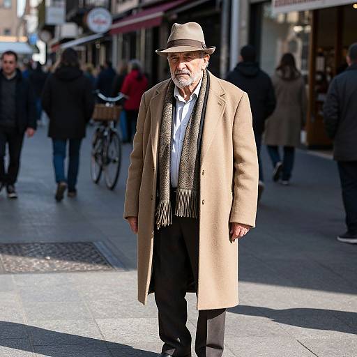 Elderly Man in Beige Coat on Busy City Street