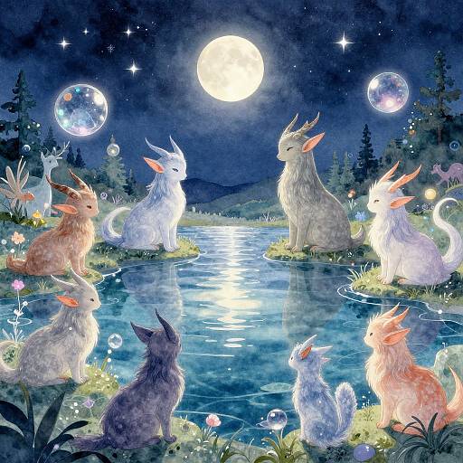 Digital illustration of glowing, ethereal rabbits with orange ears, sitting by a moonlit stream, surrounded by floating bubbles and stars.