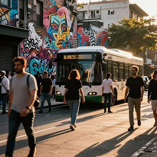 Photograph of a sunlit urban street with a graffiti-covered building, white bus, and diverse pedestrians walking, casting long shadows.