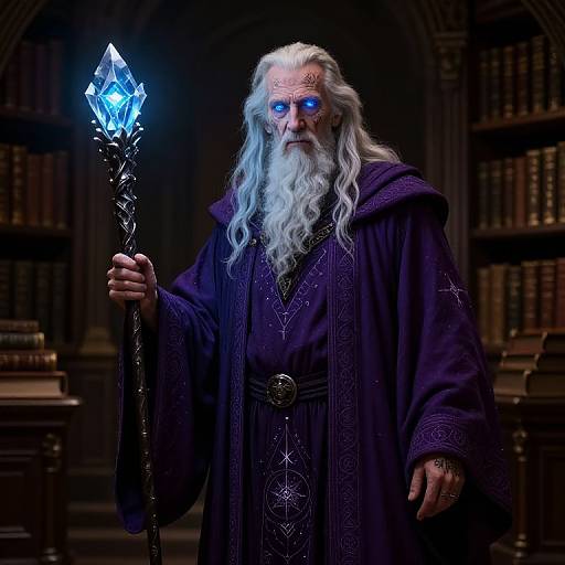 Photorealistic digital image of a wise, old wizard with blue glowing eyes, long white beard, holding an icy blue crystal staff, dressed in a