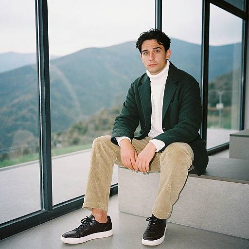 Modern Preppy Man in Serene Mountain Setting
