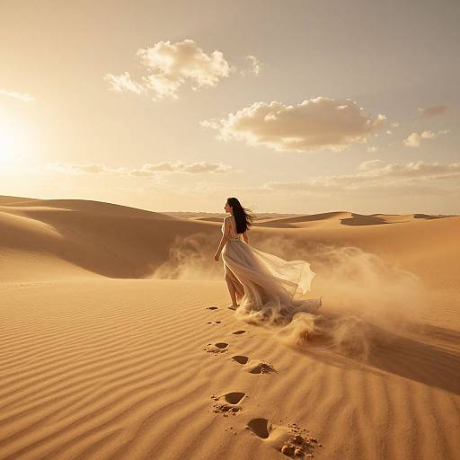 Photograph of a lone woman with long dark hair in a flowing white dress, walking through golden sand dunes at sunset, with footprints trailing behind