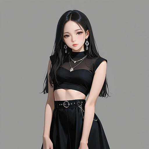 Elegant Asian Woman in Black Crop Top and Skirt
