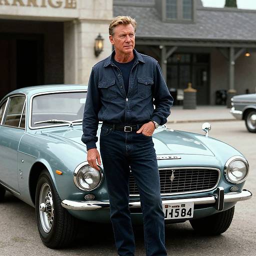 Photograph of a middle-aged man with short blonde hair, wearing a dark blue denim shirt and pants, standing beside a classic light blue Austin-He