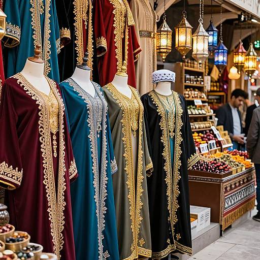 Photograph of ornate, embroidered robes in red, teal, and black on mannequins in a vibrant market stall, with hanging lanterns