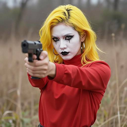 Woman with Yellow Hair and Dramatic Makeup Aiming Handgun