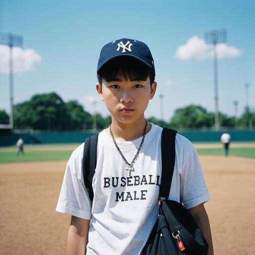 Asian Boy Wearing Baseball Cap and White T-Shirt Outdoors