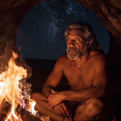 Photograph of a shirtless, older man with gray beard and hair, sitting by a campfire inside a cave at night, gazing intently