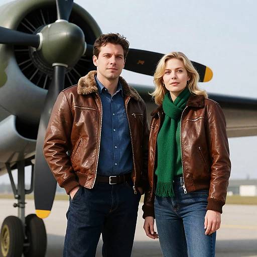 Couple by Military Aircraft in Leather