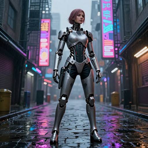 Cybernetic woman in sleek metallic armor stands confidently in a neon-lit, rainy urban alleyway, surrounded by vibrant signs. CGI artwork.