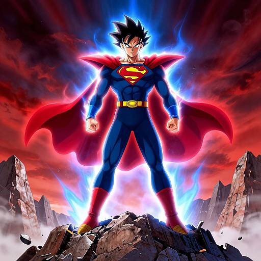 Superman-like anime character in blue suit with red cape and 