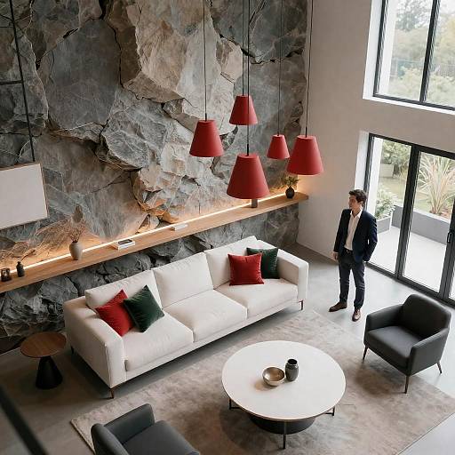 Aerial Modern Living Room with Rock Wall