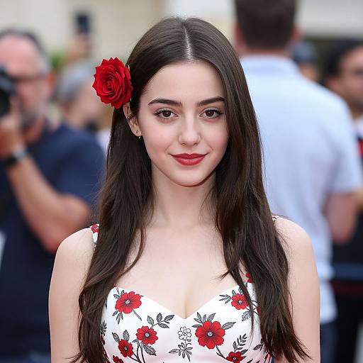 Photograph of a young woman with long dark hair, red rose hairpin, wearing a white floral dress, standing in a blurred crowd.