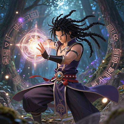 Digital anime artwork of a muscular, dark-skinned man with black dreadlocks, wearing a purple martial arts outfit, casting a glowing magical spell in a