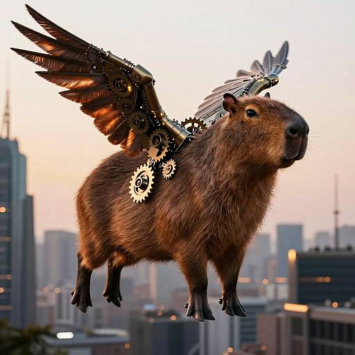 Steampunk Capybara Hovering Over Futuristic City