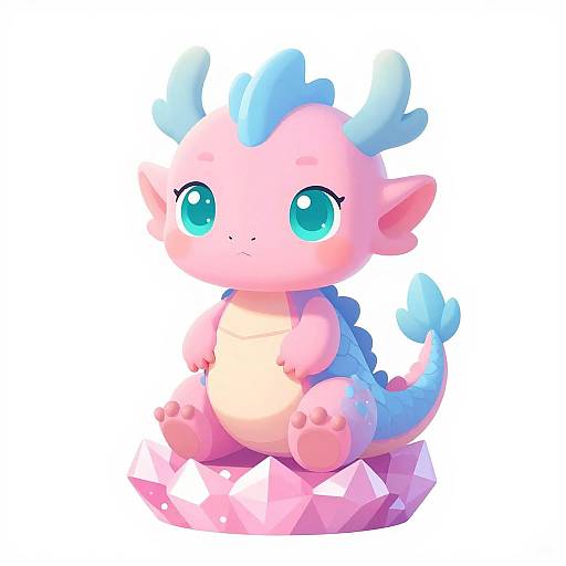 Cute digital illustration of a pink and blue chibi dragon with large teal eyes, small horns, and a cream-colored belly, sitting on a pink