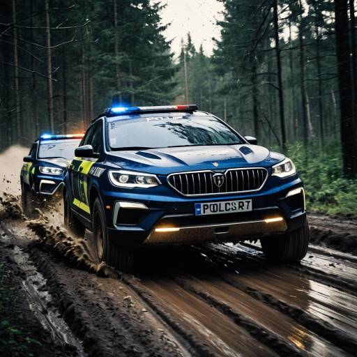 Police SUVs Chasing Electric Rally Car in Muddy Forest