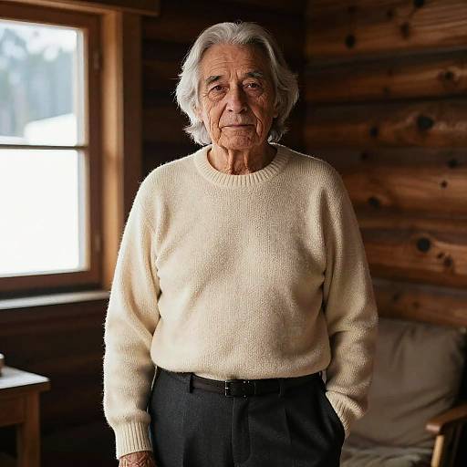 Photograph of an elderly white man with white hair, wearing a cream sweater and black pants, standing in a wooden log cabin with sunlight streaming through a