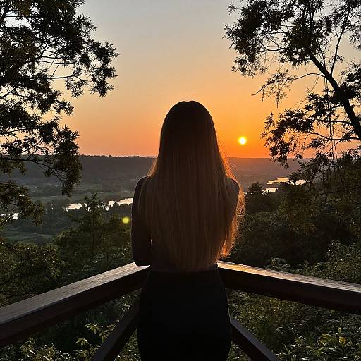 Photograph of a woman with long hair, silhouetted against a vibrant orange sunset, sitting on a wooden balcony, surrounded by trees, with