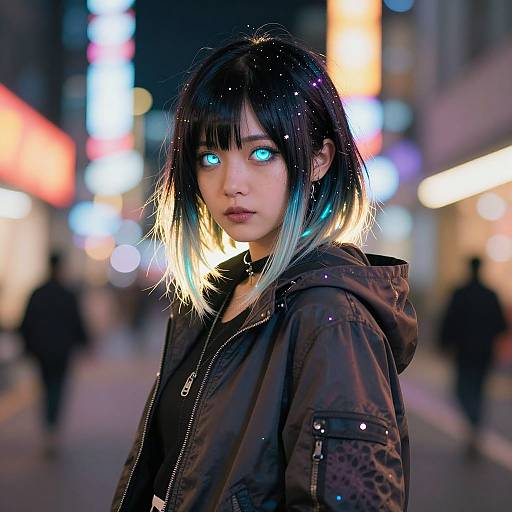 Photograph of an Asian woman with glowing blue eyes, black and white bob haircut, wearing a dark jacket, standing in a neon-lit urban night