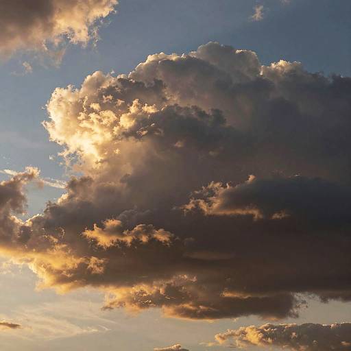 Photograph of a dramatic sky with large, dark clouds illuminated by golden sunlight, creating a striking contrast against a blue background.