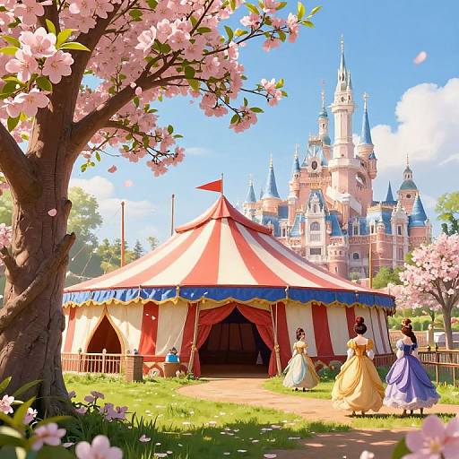 Digital illustration of a fairy-tale scene with a red-and-blue striped circus tent, pink cherry blossoms, and a grand castle in the background,