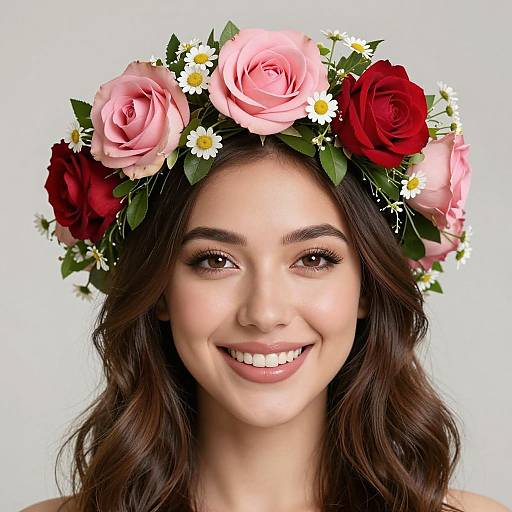 Photograph of a smiling young woman with wavy brown hair, wearing a floral crown with pink and red roses, daisies, and green leaves