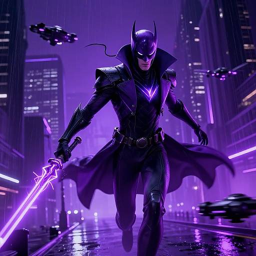 Digital artwork of Batman in a neon purple-lit city, wielding a glowing purple sword, with flying cars and rain. Dynamic, futuristic, and intense