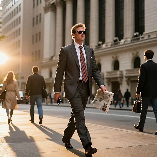 Photograph of a suave man in a gray suit, striped tie, sunglasses, holding a newspaper, walking on a sunlit city street with tall