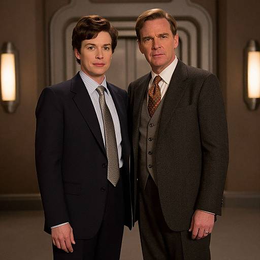 Photograph of two men in suits; younger man in dark blue suit, older man in gray suit and patterned tie, standing in front of a
