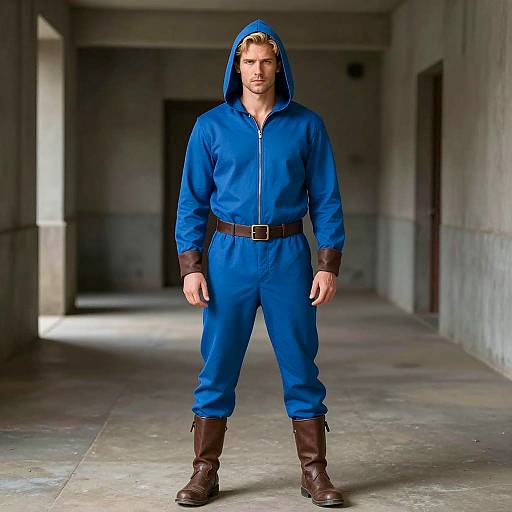 Serious Man in Blue Hooded Jumpsuit