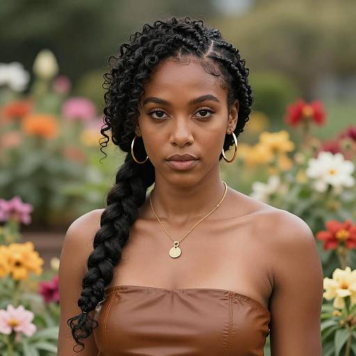 Elegant Black Woman with Curly Crown Braid in Garden